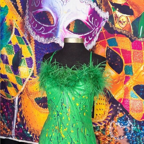 Green Mardi Gras Patent leather Dress with Feather Trim BAD COLLECTION - Picture 3 of 5